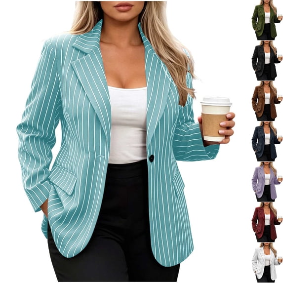 Womens Pinstripe Business Casual Blazer Long Sleeve Notch Lapel Collar One Button Suit Jacket Sport Coat with Flap Pockets for Work Office Interview, Light Blue, L