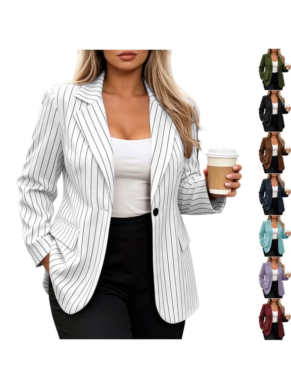 Womens Pinstripe Business Casual Blazer Long Sleeve Notch Lapel Collar One Button Suit Jacket Sport Coat with Flap Pockets for Work Office Interview, White, XXL