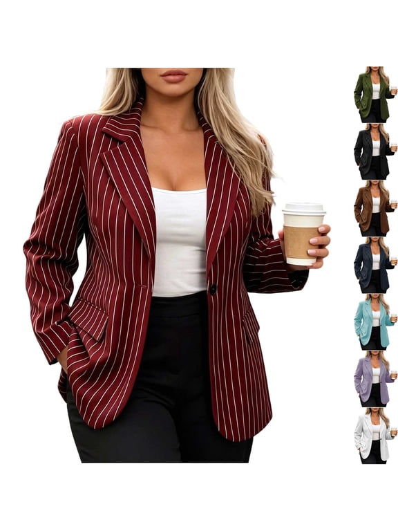 Womens Pinstripe Business Casual Blazer Long Sleeve Notch Lapel Collar One Button Suit Jacket Sport Coat with Flap Pockets for Work Office Interview, Wine, L