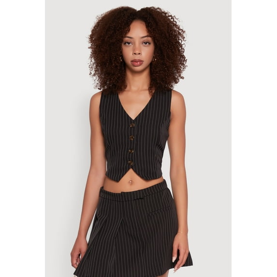 Womens Pinstripe Button Front Cropped Vest