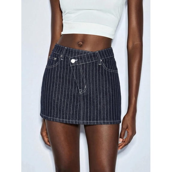 Womens Pinstripe Denim Mini Skirt, Blue, A-Line, Casual Style