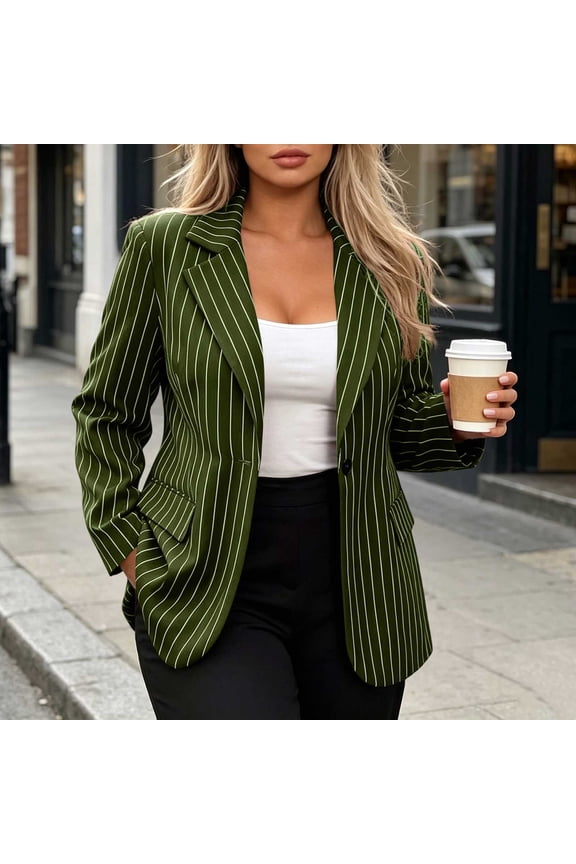 **Womens Pinstripe Single Button Lightweight Casual Blazer (Army Green)**,Size M