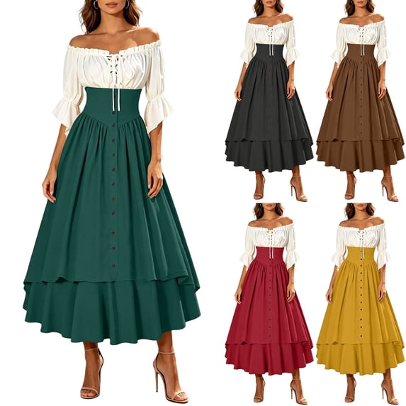 Womens Pirate Costume Dress Renaissance Peasant Wench Ruched Tie Front Off Shoulder Bell Sleeve Lace Up Corset Gown for Halloween Ren Faire, Army Green, M