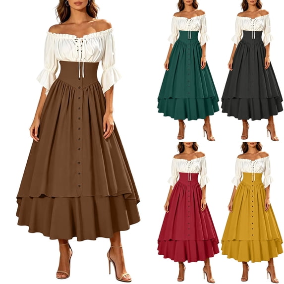 Womens Pirate Costume Dress Renaissance Peasant Wench Ruched Tie Front Off Shoulder Bell Sleeve Lace Up Corset Gown for Halloween Ren Faire, Coffee, M