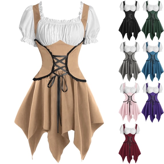 Womens Pirate Costume Dress Victorian Steampunk Wench Off Shoulder Puff Sleeve Lace Up Corset Handkerchief Hem Gown for Halloween Ren Faire, Khaki, L