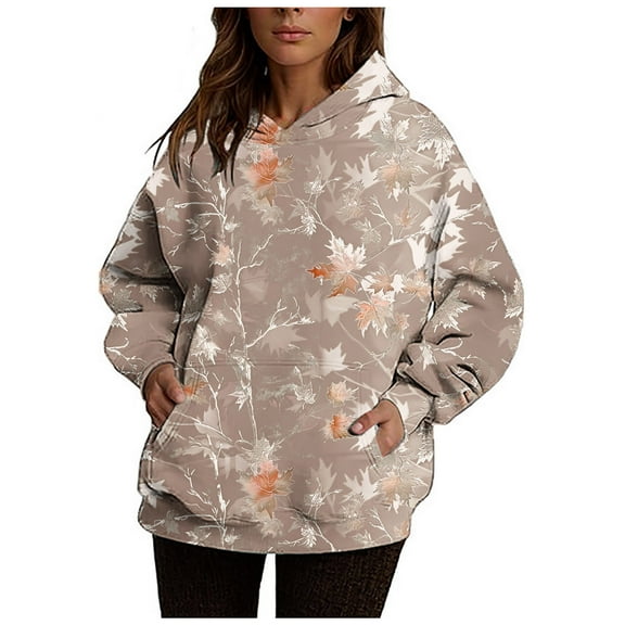 Womens Pius Size Fleece Camo Hoodies Fashion Maple Leaf Hooded Sweatshirt Casual Long Sleeve Fall Pullover Tops With Pockets Wine XL