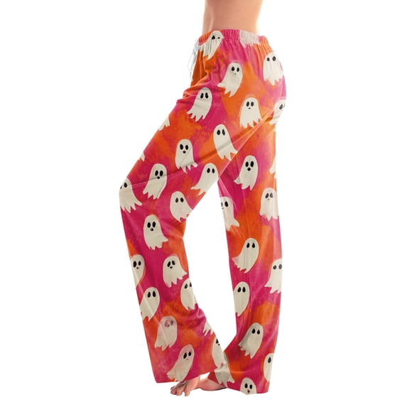 Womens Pj Pants Halloween Ghost Pumpkin Print Wide Leg Drawstring Pajama Pants Sleepwear