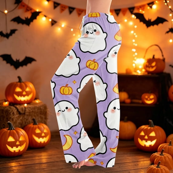 Womens Pj Pants Halloween Pumpkin & Ghost Print Wide Leg Lounge Sleepwear Drawstring