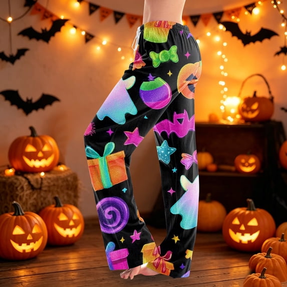 Womens Pj Pants Halloween Pumpkin & Ghost Print Wide Leg Lounge Sleepwear Drawstring