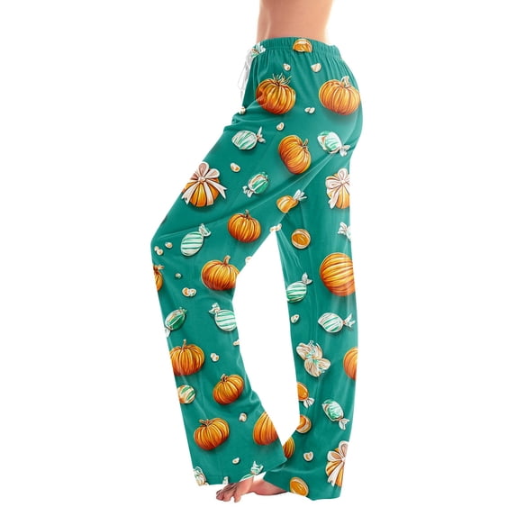 Womens Pj Pants Halloween Pumpkin Print Wide Leg Drawstring Pajama Bottoms