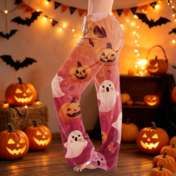 Womens Pj Pants Halloween Pumpkin Print Wide Leg Lounge Pants Elastic Waist Pjs