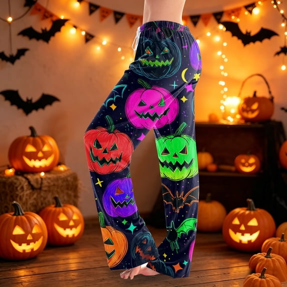 Womens Pj Pants Halloween Pumpkin Print Wide Leg Lounge Pants Elastic Waist Pjs