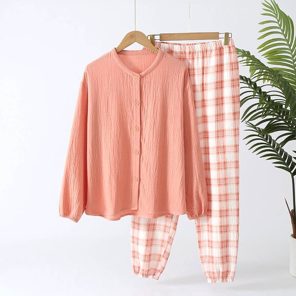 Womens Pj Set Fashion Women Round Neck Buckle Fastening Loose Wrinkles Long Sleeved Elastic Waist Tie Straps Plaid Printing Trousers Pajama Set Pajama Sets for Women 2 Piece Sleep Sets for Women