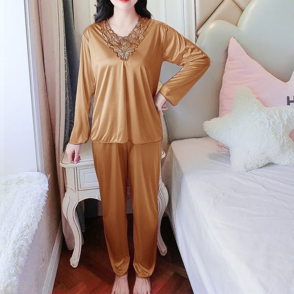 Womens Pj Set Women's Plus-size Thin Long-sleeved Silk V-neck Silk Set Two-piece Home Wear Pajama Sets for Women 2 Piece Sleep Sets for Women Winter Pajamas for Women
