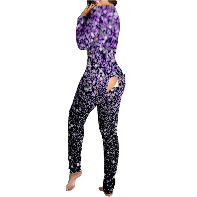 Womens Pjs Bodysuit Plaid Print Sexy Butt Flap Buttoned Jumpsuit