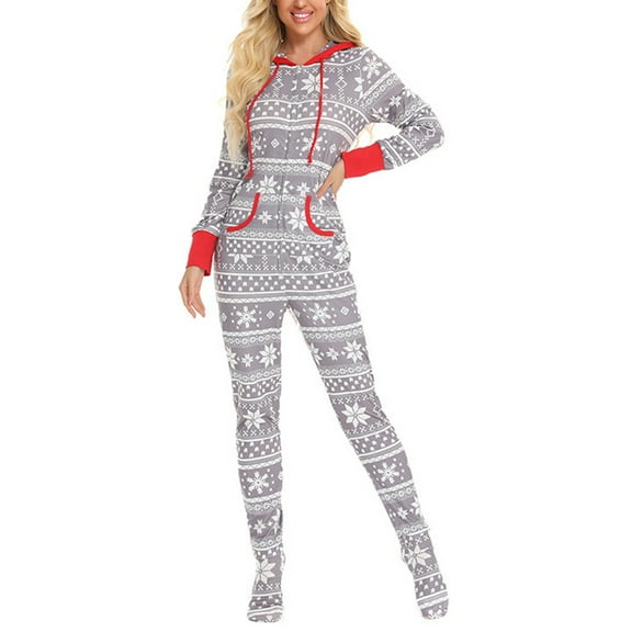 Womens Pjs Covered Feet Hooded One-Piece Onesie Adult Pajamas for Women