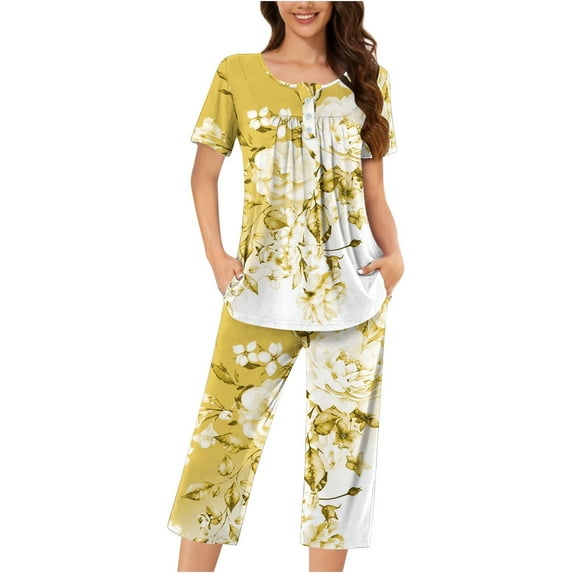 Womens Pjs Sets New Women's Short Sleeve Pajama Set 2 Piece Summer Sleep Set Floral Print Button Crew Neck Capris Pant Pjs Sets Plus Size Pajamas Yellow 3XL