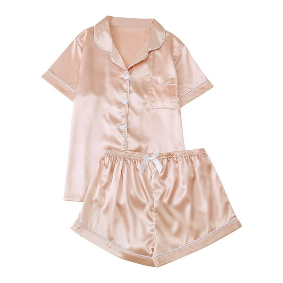 Womens Pjs Sets Sevevn Women's Short Sleeve Sleepwear Button Down Satin 2 Piece Pajama Set