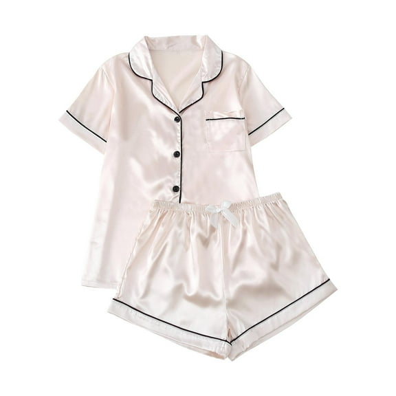 Womens Pjs Sets Sevevn Women's Short Sleeve Sleepwear Button Down Satin 2 Piece Pajama Set