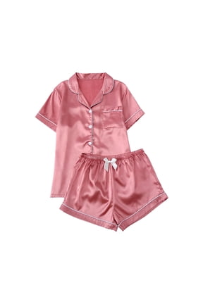 Womens Pjs Sets Sevevn Women's Short Sleeve Sleepwear Button Down Satin 2 Piece Pajama Set