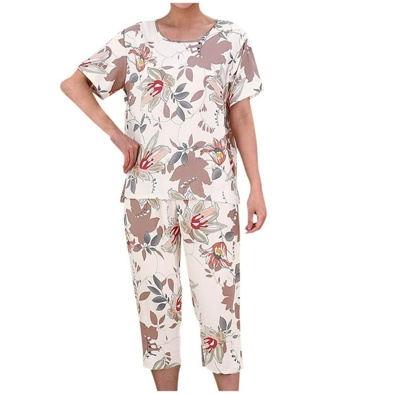 Womens Pjs Sets Soft Cotton Summer Pajamas Sets Capri Casual Loose Print Short Sleeve Sleepwear 2 Piece Outfits (Beige 3XL)
