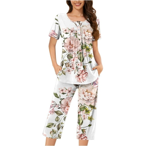 Womens Pjs Sets Summer New Women's Short Sleeve Pajama Set 2 Piece Summer Sleep Set Floral Print Button Crew Neck Capris Pant Pjs Sets Womens Pajamas White 3XL