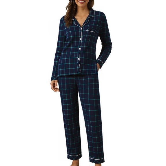 Womens Pjs Sets Women Soft Pajamas Set Plaid Long Sleeve Button down Sleepwear Nightwear Women's Two Piece Outfits Fall Lounge Sets for Women XL