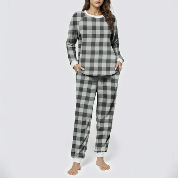 Womens Plaid 2 Piece Pajamas Set Fleece Sleepwear Nightwear with Jogger Pants Winter Warm Loungewear Outfits with Pocket New Cute Pajamas Dark Gray XL