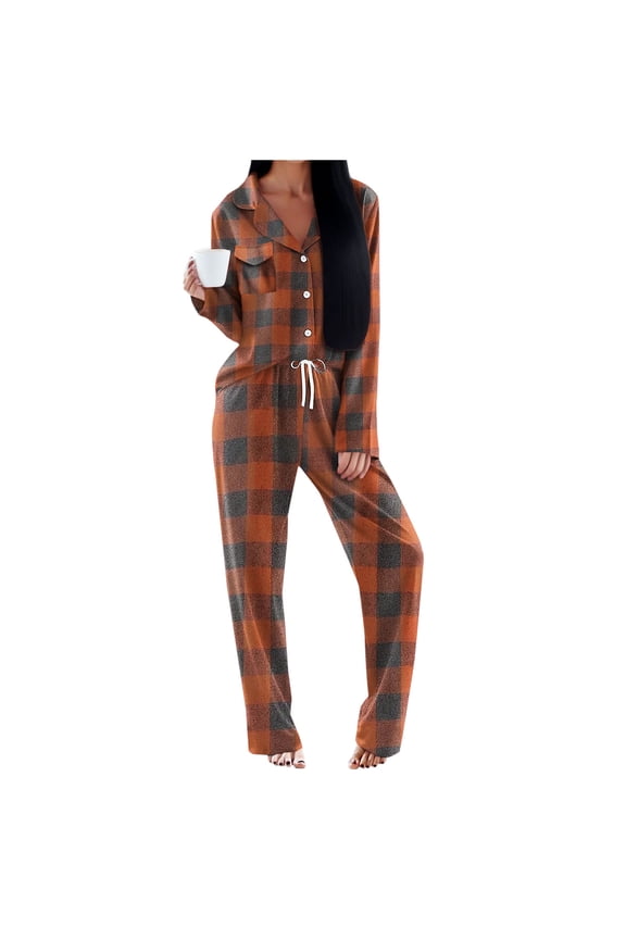 Womens Plaid 2 Piece Pajamas Sets Gingham Button Down Shirt Pants Long Sleeve Sleepwear Pjs Set Christmas Gift, XL