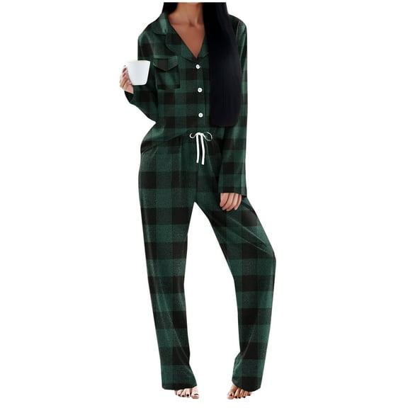 Womens Plaid 2 Piece Pajamas Sets Gingham Button Down Shirt Pants Long Sleeve Sleepwear Pjs Set Christmas Gift, XXL