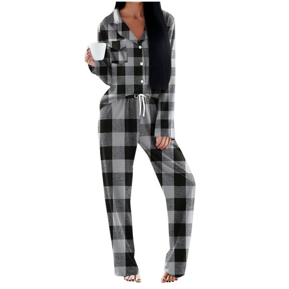 Womens Plaid 2 Piece Pajamas Sets Gingham Button Down Shirt Pants Long Sleeve Sleepwear Pjs Set Christmas Gift, XXL