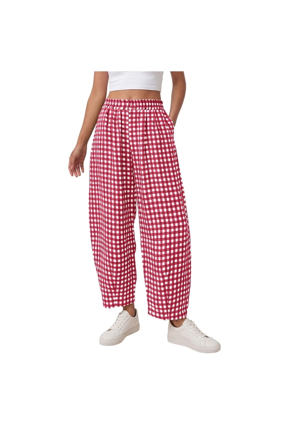 Womens Plaid Barrel Pants Summer 2026 Casual Loose Wide Leg Gingham Trousers Spring Fashion Beach Bottoms M