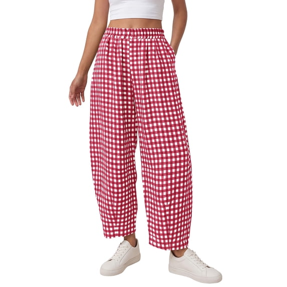 Womens Plaid Barrel Pants Summer 2026 Casual Loose Wide Leg Gingham Trousers Spring Fashion Beach Bottoms S