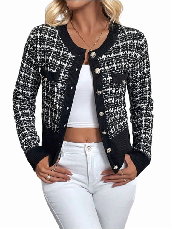 Womens - Plaid Blazer Dressy Casual Button Front Cardigan Crew Neck Long Sleeve Texture Knit Jackets Black L