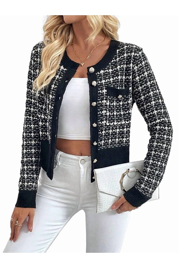 Womens - Plaid Blazer Dressy Casual Button Front Cardigan Crew Neck Long Sleeve Texture Knit Jackets Black S