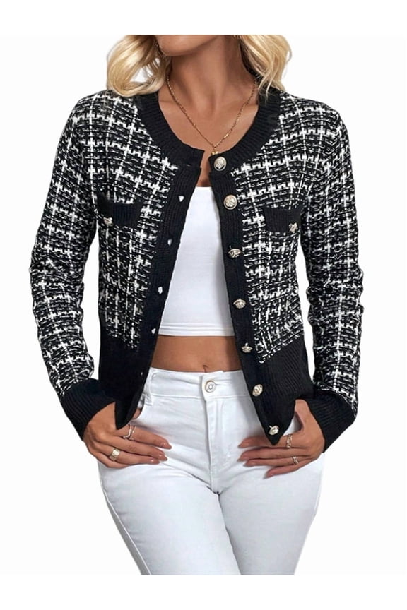 Womens - Plaid Blazer Dressy Casual Button Front Cardigan Crew Neck Long Sleeve Texture Knit Jackets Black XL
