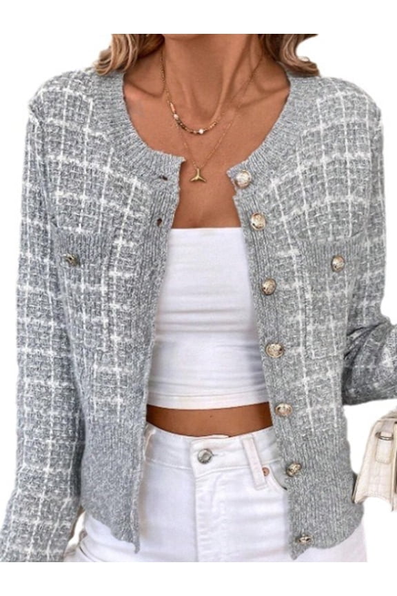 Womens - Plaid Blazer Dressy Casual Button Front Cardigan Crew Neck Long Sleeve Texture Knit Jackets Gray S