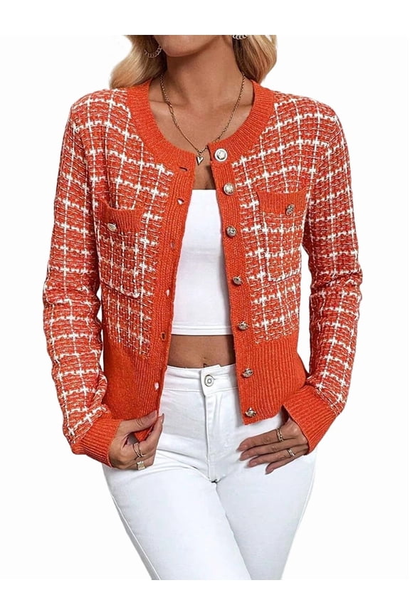 Womens - Plaid Blazer Dressy Casual Button Front Cardigan Crew Neck Long Sleeve Texture Knit Jackets Orange-Red M