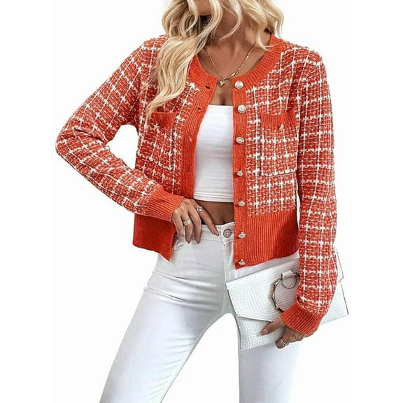 Womens - Plaid Blazer Dressy Casual Button Front Cardigan Crew Neck Long Sleeve Texture Knit Jackets Orange-Red XL