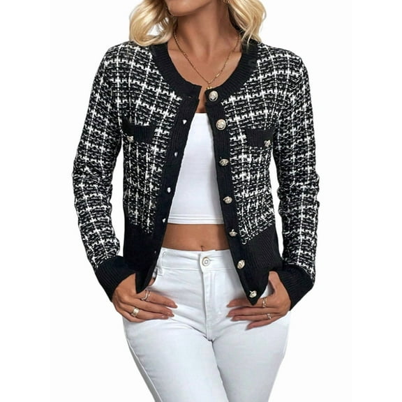 Womens - Plaid Blazer Dressy Casual Button Front Cardigan Crew Neck Long Sleeve Texture Knit Jackets Black M