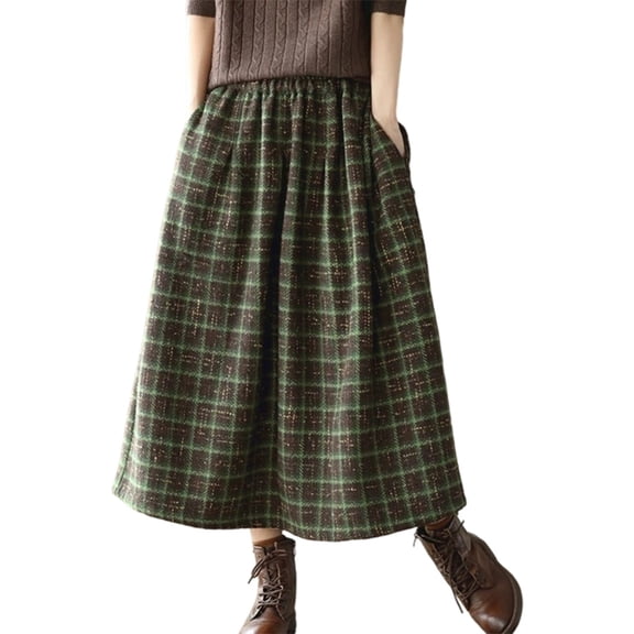 Womens Plaid Blend Midi Length Skirt Winter Warm Line Long Pockets Elegant Casual Outfit Green Skirt XXL