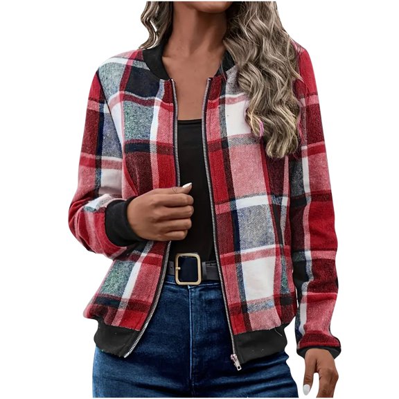 Womens Plaid Bomber Jacket Lightweight Zip Up Long Sleeve Jackets Round Neck Slim Fit Coat
