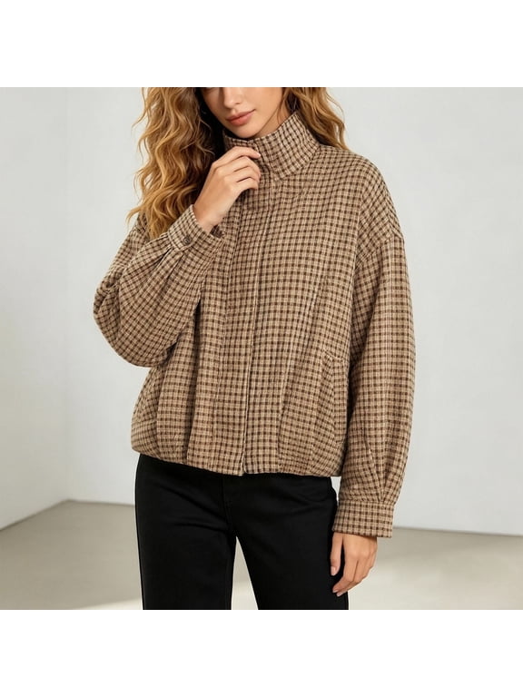 Womens Plaid Bomber Jacket Stand Collar Checked Jackets Zip up Cropped Coat Vintage Outerwear Drawstring Hem Casual Coat Trendy Y2K Streetwear