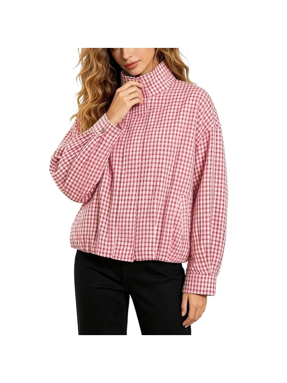 Womens Plaid Bomber Jacket Zip Up High Neck Long Sleeve Coat Lightweight Casual Fall Outerwear for Streetwear and Daily Wear