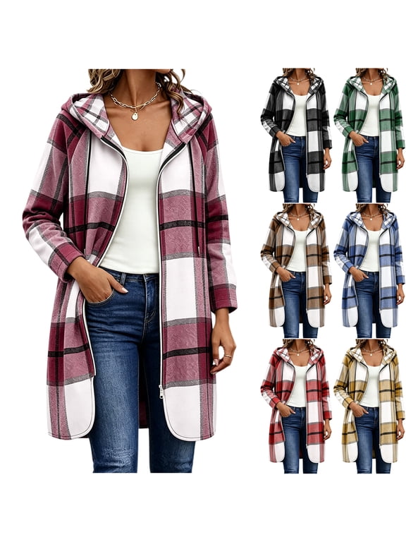 Womens Plaid Boyfriend Shacket Long Sleeve Full Zip Hooded Overshirt Duster Cardigan to Wear with Leggings Curved Hem Casual Fall Outfits, Purple, M