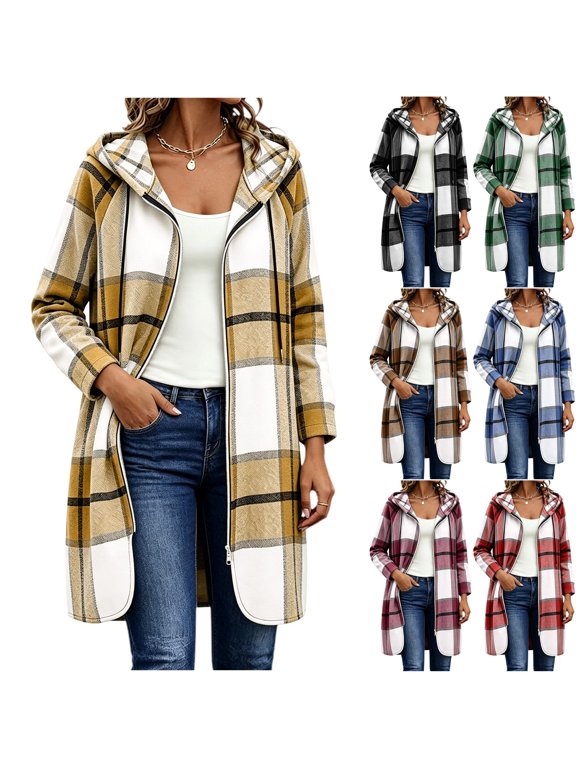 Womens Plaid Boyfriend Shacket Long Sleeve Full Zip Hooded Overshirt Duster Cardigan to Wear with Leggings Curved Hem Casual Fall Outfits, Yellow, M