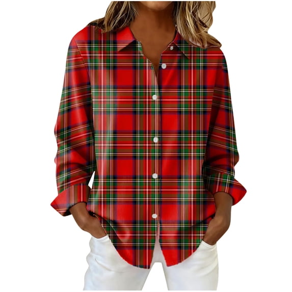 Womens Plaid Button Down Shirts Fall Flannel Jackets Long Sleeve Casual Fashion Lapel Collar Blouse Tops