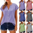 thumbnail image 1 of Womens Plaid Button Down Shirts Short Sleeve V Neck Tops Summer Casual Loose Vacation Daily Cotton Linen Blouses S-2XL, 1 of 9