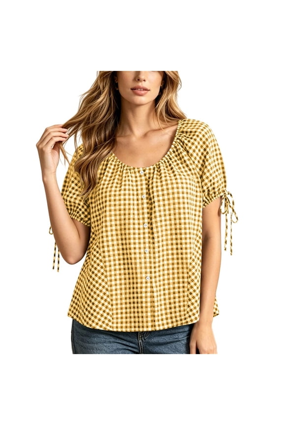 Womens Plaid Button Down Tshirts Summer Loose Drawstring Short Sleeve Crewneck Gingham Tops Casual Tunic Blouse