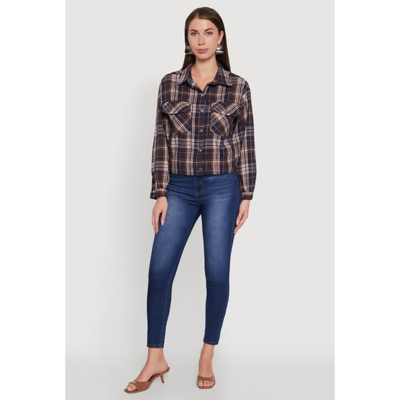 Womens Plaid Button Front Long Sleeve Flannel Shirt